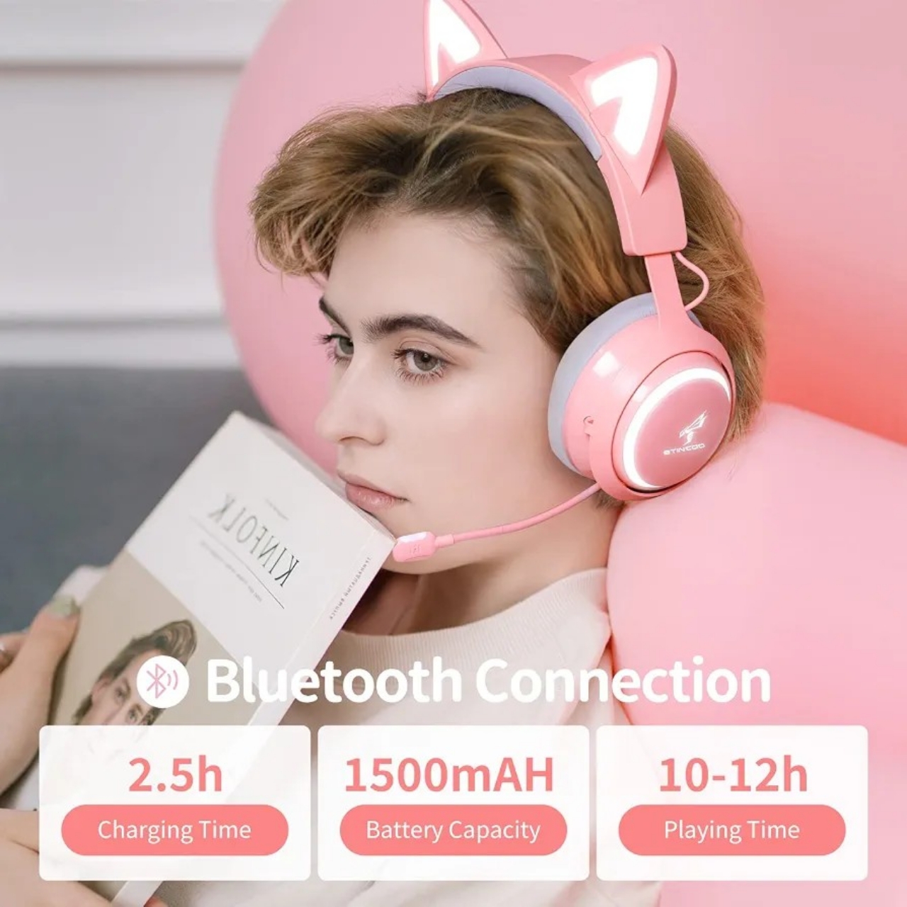 Best Wireless Pink Cat Ear Gaming Headphones with RGB Lights & Microphone - Image 3