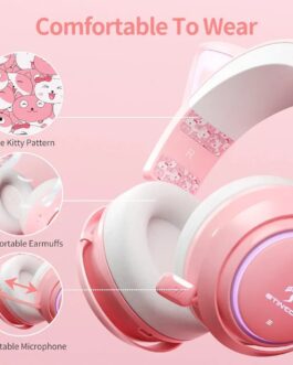 Best Wireless Pink Cat Ear Gaming Headphones with RGB Lights & Microphone