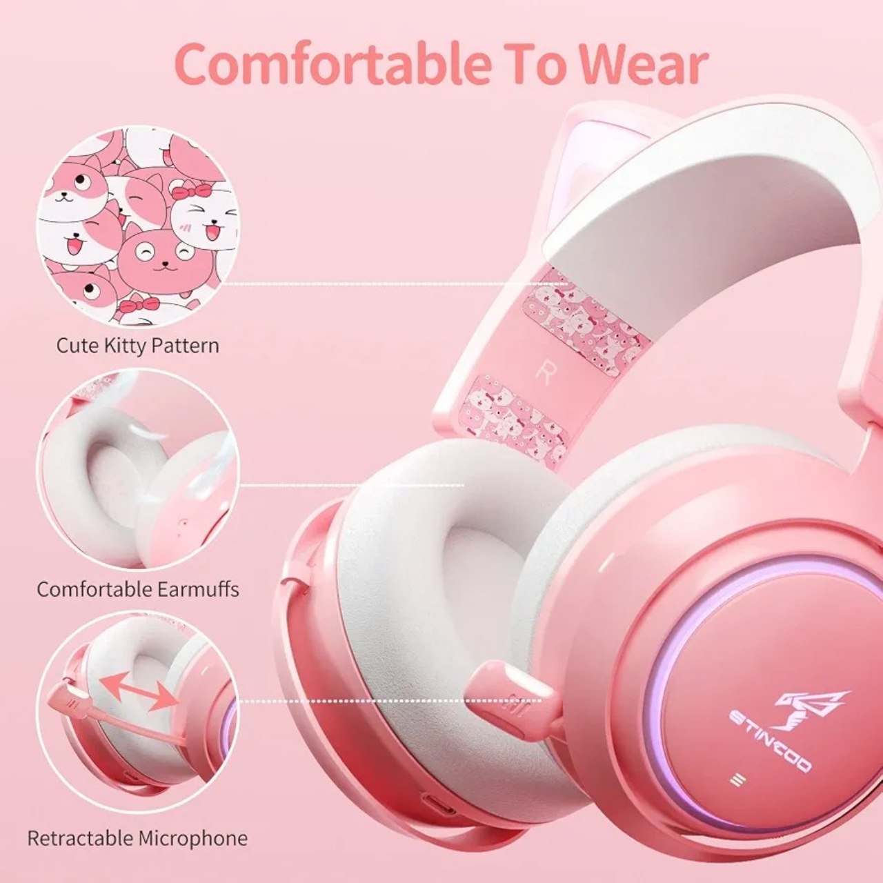 Best Wireless Pink Cat Ear Gaming Headphones with RGB Lights & Microphone - Image 2