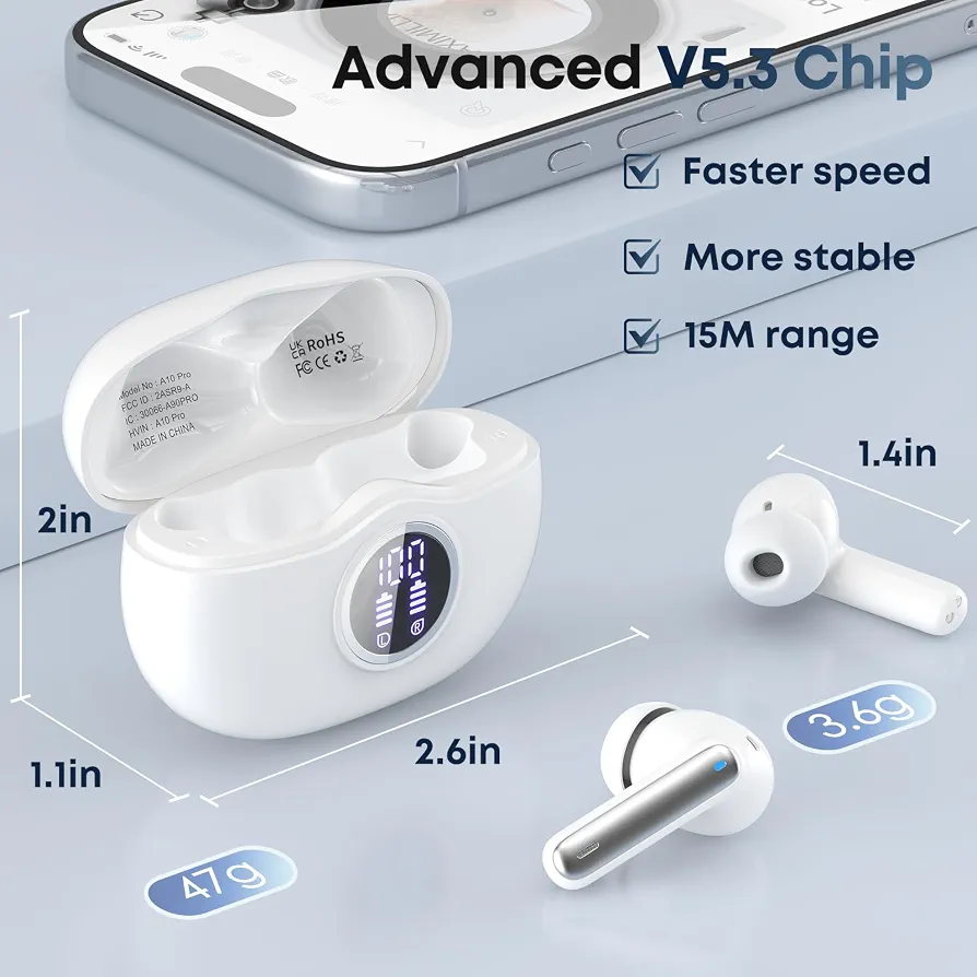 Wireless Bluetooth 5.3 Earbuds with LED Digital Display, 50-Hour Playtime, HiFi Stereo Sound, ENC Noise Reduction & IPX7 Waterproof Design - Image 5