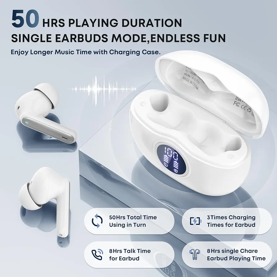Wireless Bluetooth 5.3 Earbuds with LED Digital Display, 50-Hour Playtime, HiFi Stereo Sound, ENC Noise Reduction & IPX7 Waterproof Design - Image 2
