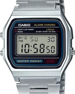 Casio A158WA Series Unisex Vintage Digital Watch – Retro Silver Bracelet, LED Light, 1/100-Second Stopwatch, Daily Alarm & Water Resistant
