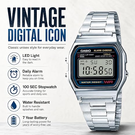 Casio A158WA Series Unisex Vintage Digital Watch – Retro Silver Bracelet, LED Light, 1/100-Second Stopwatch, Daily Alarm & Water Resistant - Image 3