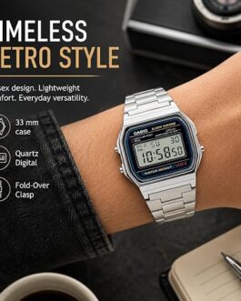 Casio A158WA Series Unisex Vintage Digital Watch – Retro Silver Bracelet, LED Light, 1/100-Second Stopwatch, Daily Alarm & Water Resistant