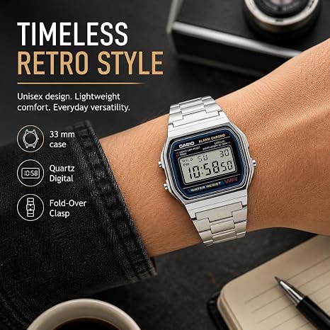 Casio A158WA Series Unisex Vintage Digital Watch – Retro Silver Bracelet, LED Light, 1/100-Second Stopwatch, Daily Alarm & Water Resistant - Image 2